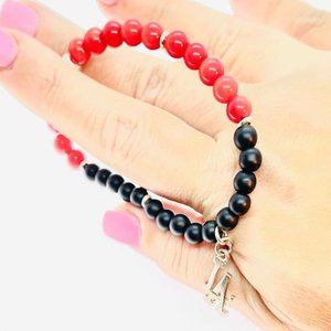 925SS crystal onyx & red sea coral beaded bracelet